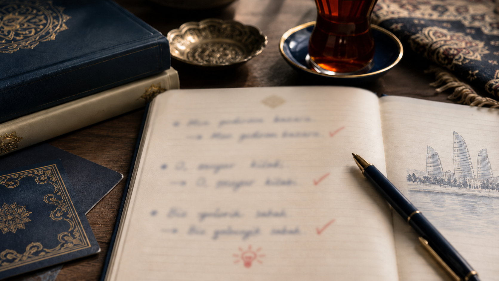 A hand writing Azerbaijani words with corrections marked on the page