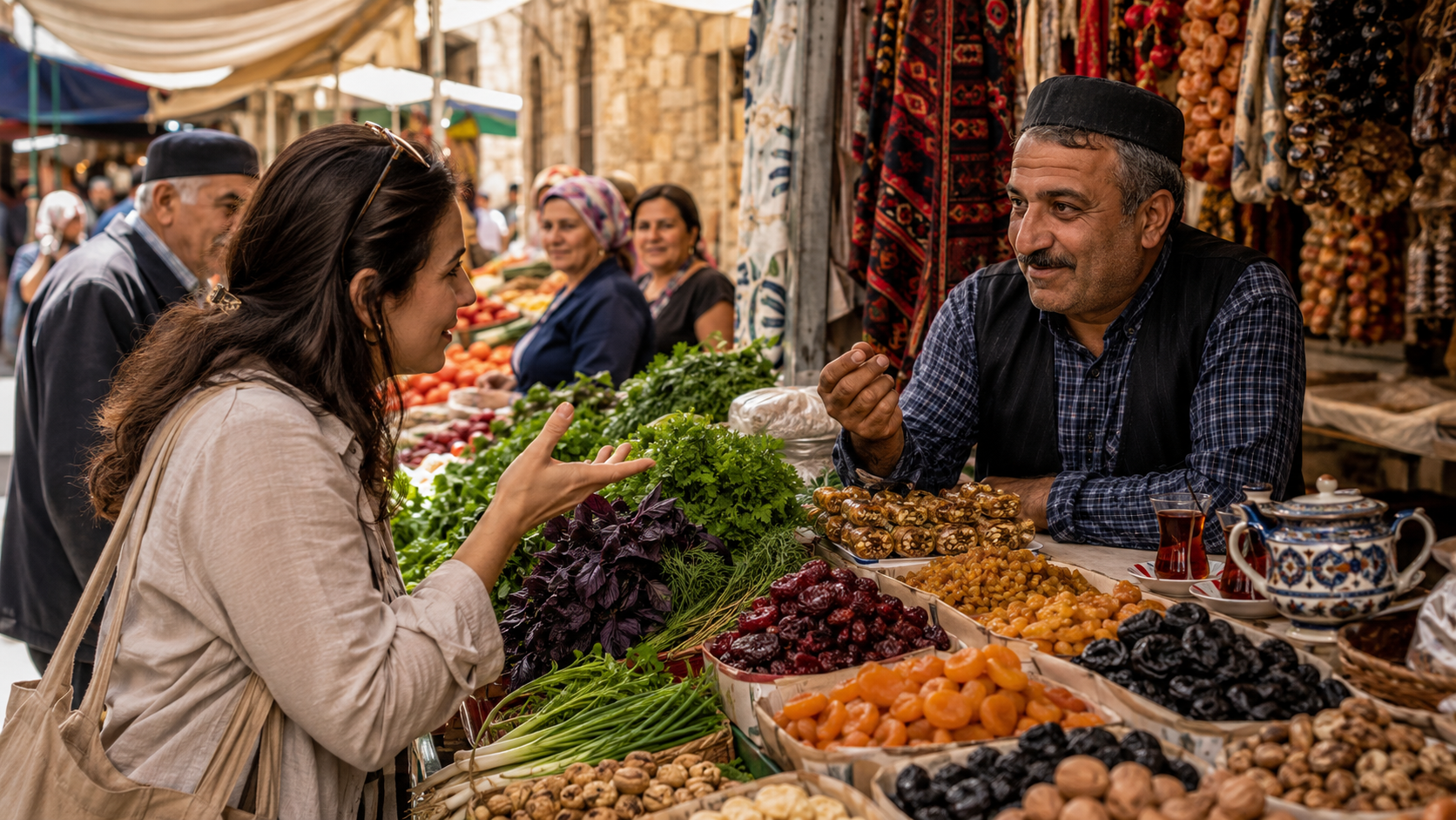 A busy Azerbaijani bazaar with vendors and shoppers
