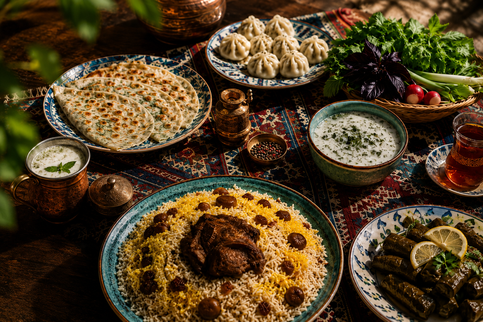 A spread of traditional Azerbaijani dishes including plov, dolma, and qutab on a wooden table
