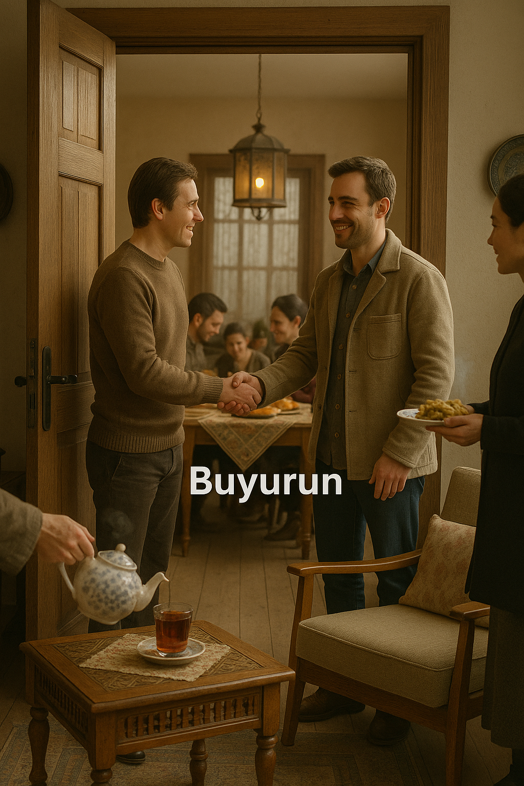 Two people speaking warmly outdoors, one inviting the other with an open gesture