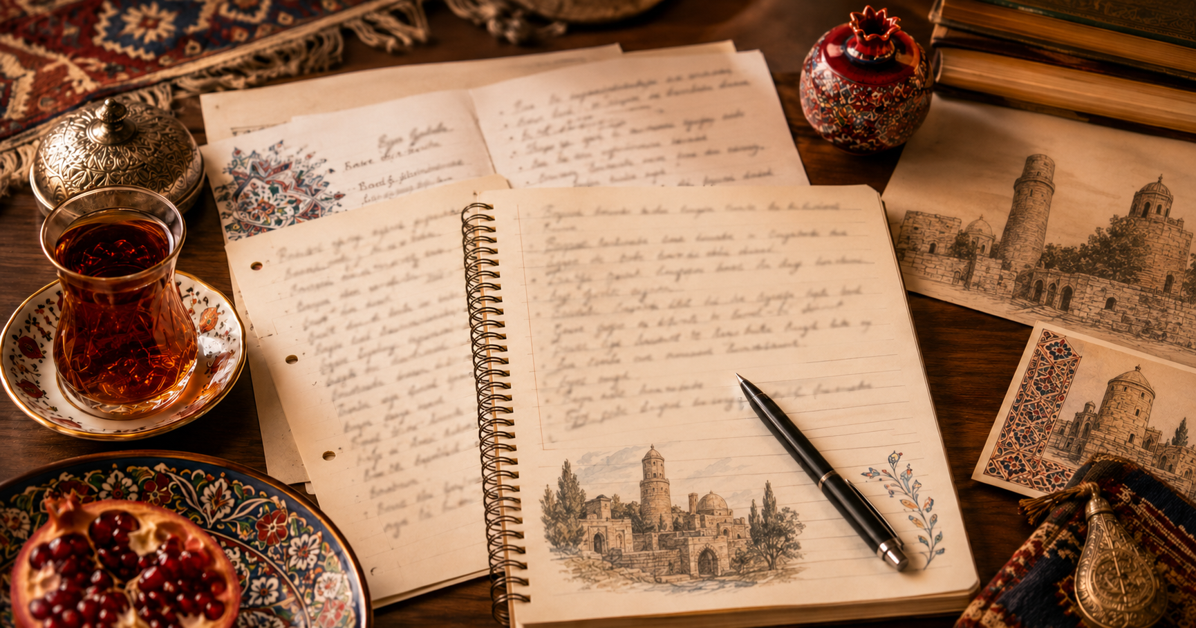 Azerbaijani phrases written on paper with cultural illustrations