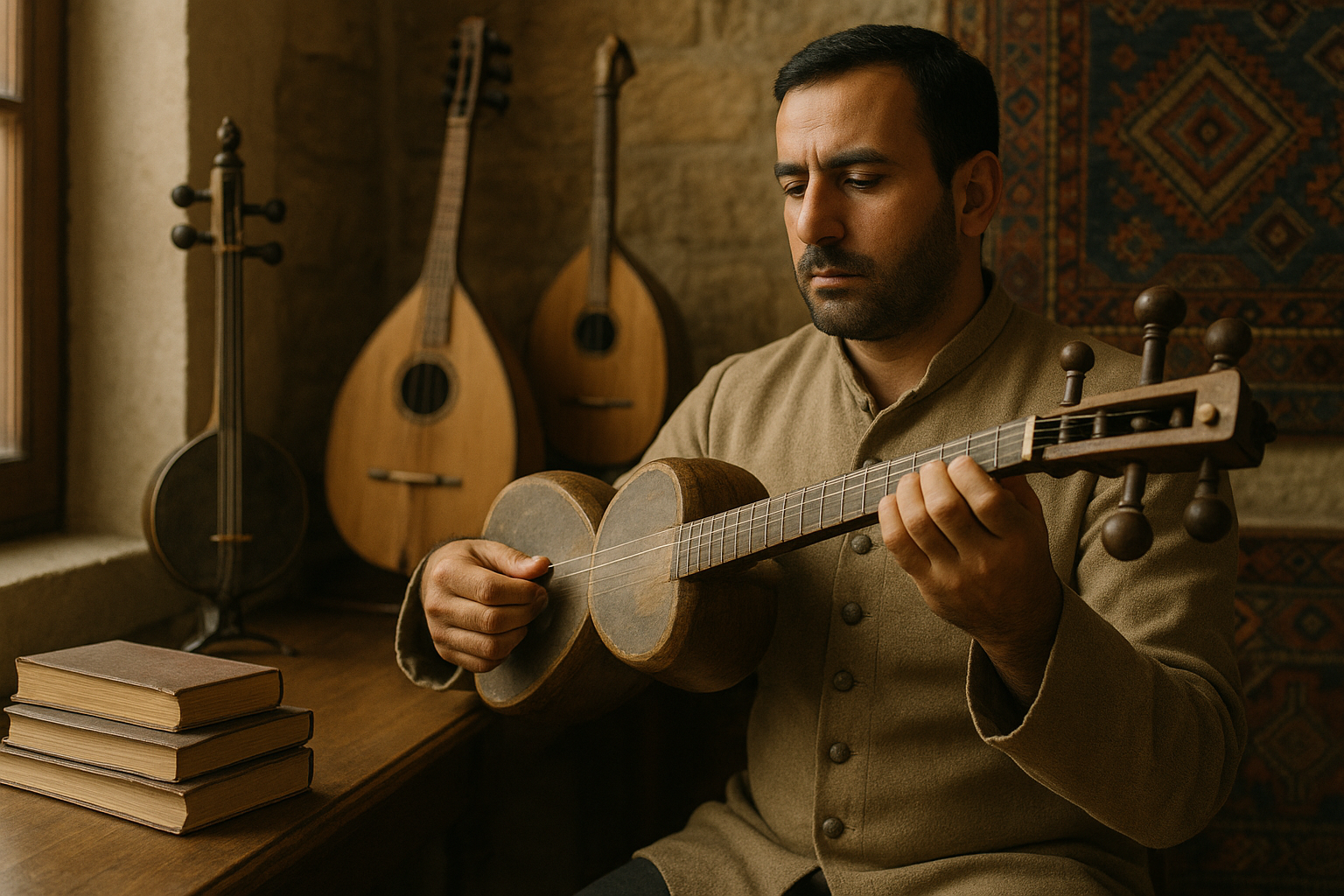 A realistic cultural scene symbolizing Azerbaijani music as a bridge between sound, language, and learning
