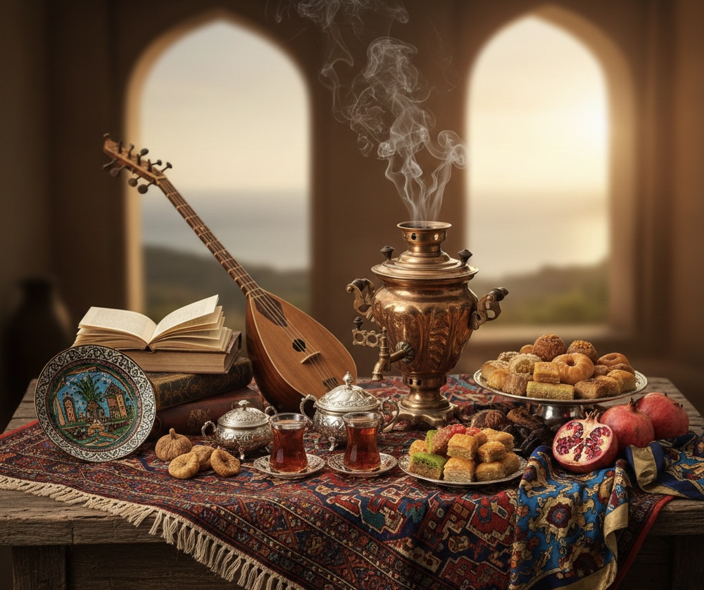 Traditional Azerbaijani elements symbolizing oral wisdom and culture