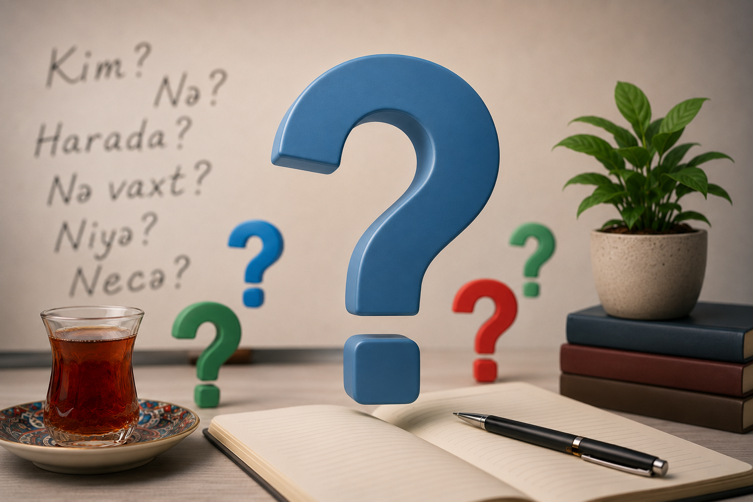 Question marks alongside blurred Azerbaijani text