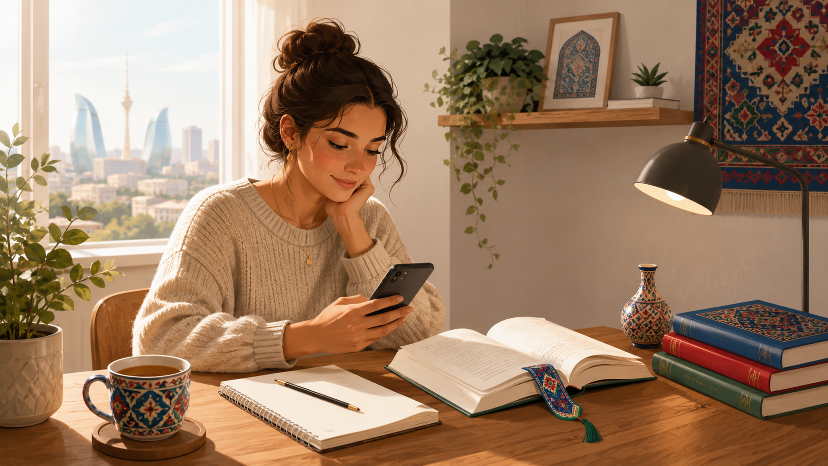 Person reading an Azerbaijani book or text on a phone