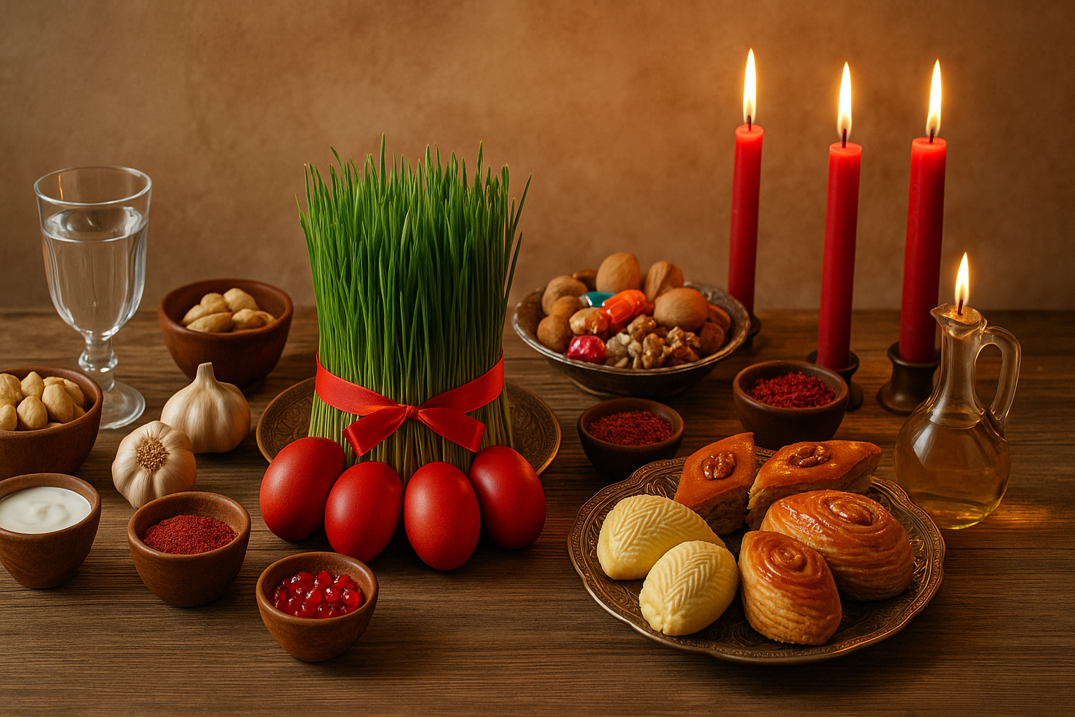 Traditional Novruz table with səməni, candles, and Azerbaijani sweets