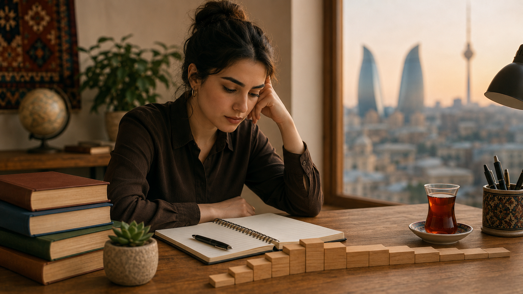 Person studying Azerbaijani at a desk looking stuck