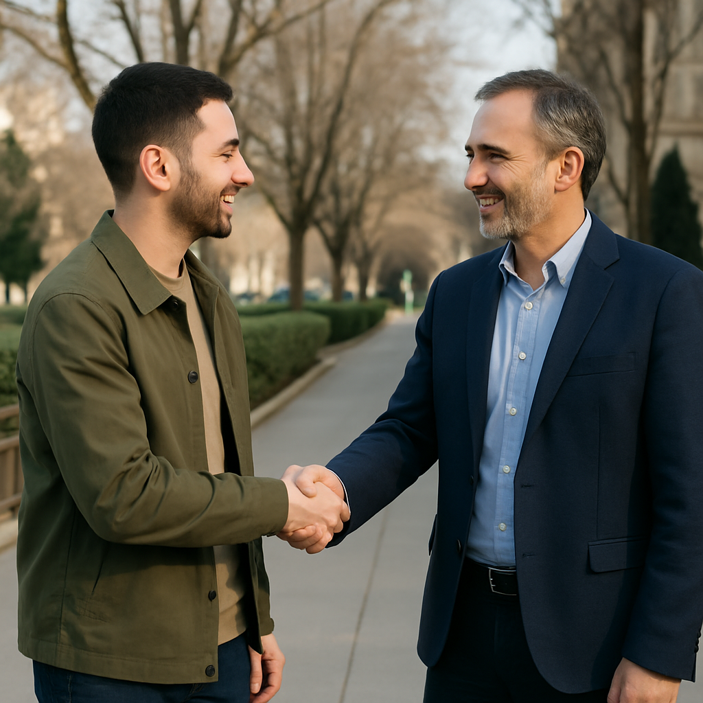 Two people meeting over tea, showing warmth with respectful distance