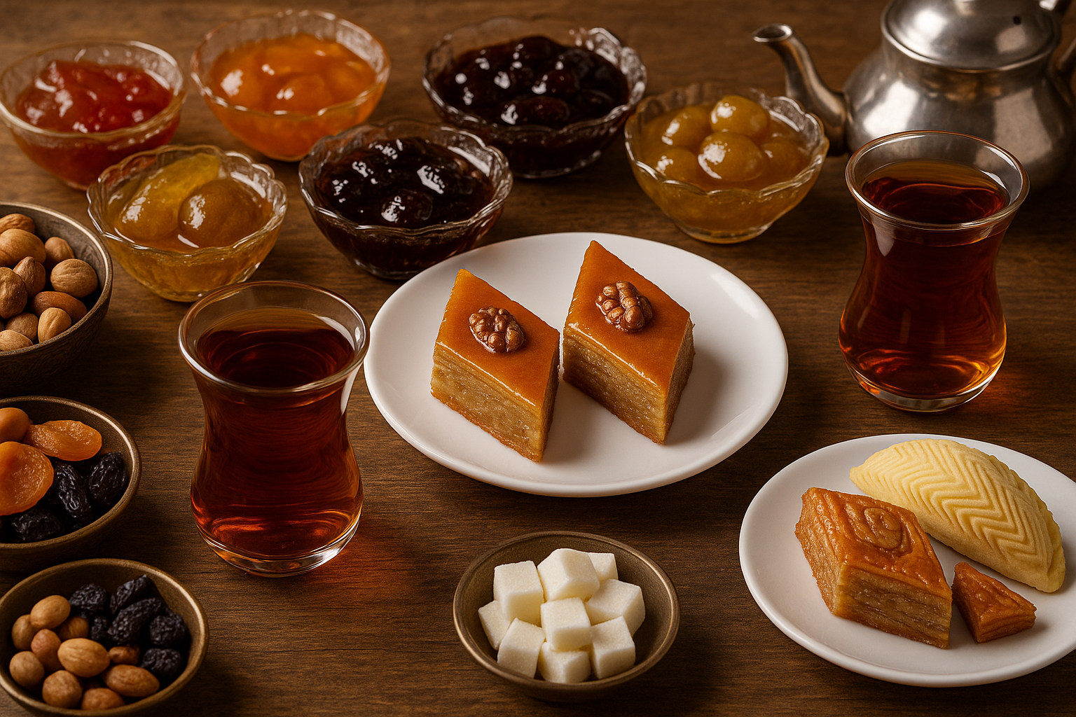 Traditional Azerbaijani tea served in armudu glasses with preserves
